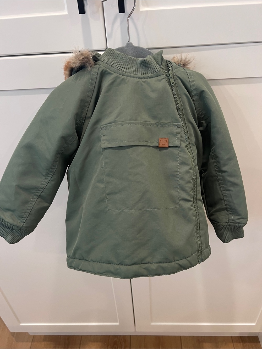 H&M Kids Olive Green Puffer Jacket with Faux Fur Trim Hood